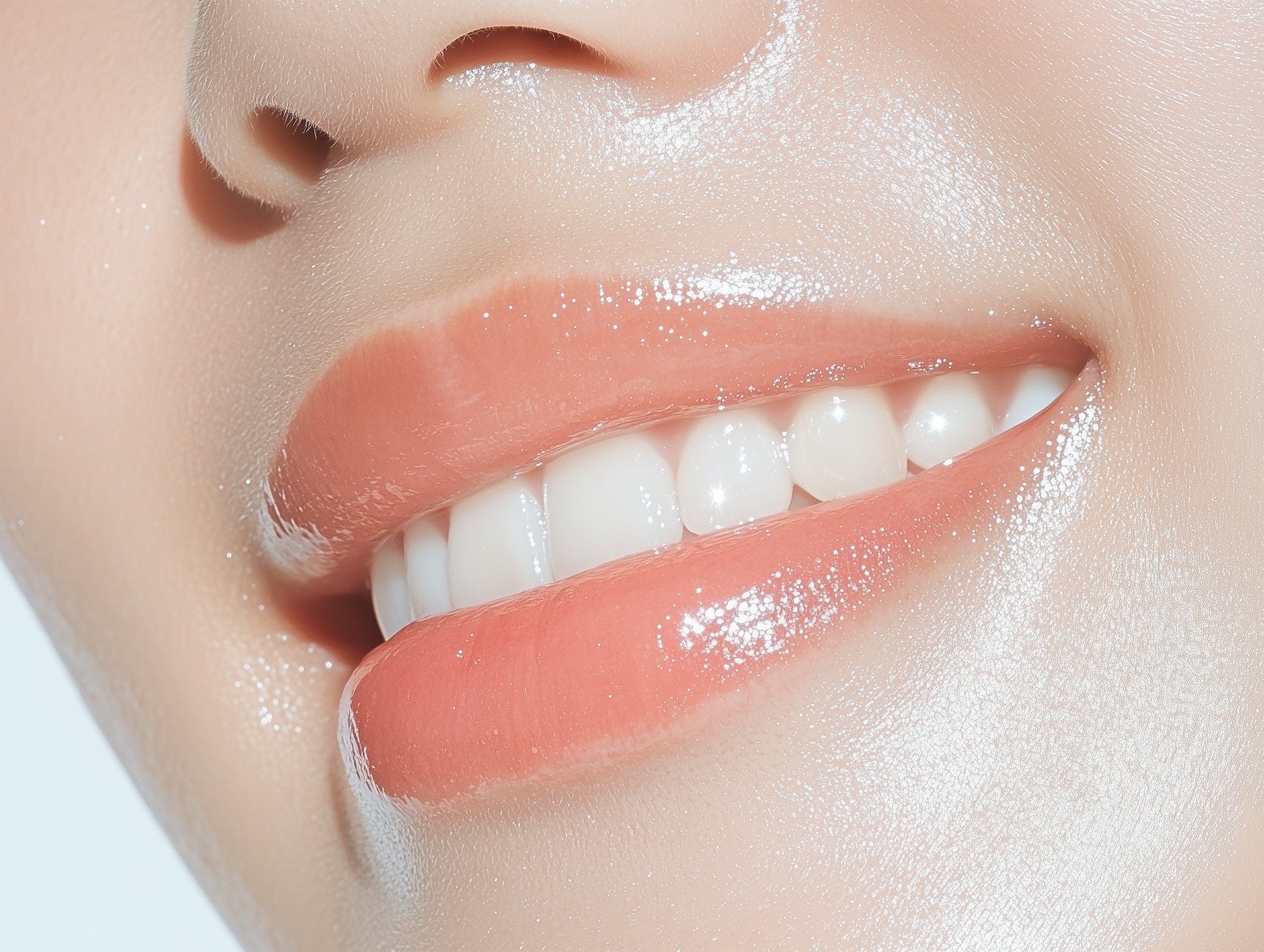 young east asian girl woman model gen z gen alpha clear skin blush smiling against a white background in a studio with clear glass skin skincare natural dentist veneers high definition lip balm tint